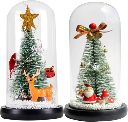 LED Christmas Tree in Glass Dome with Reindeer 8.7 Inch Glass Christmas Tree with String Lights Xmas Gifts for Kids, Girls on New Year, Birthday, Christmas Decorations