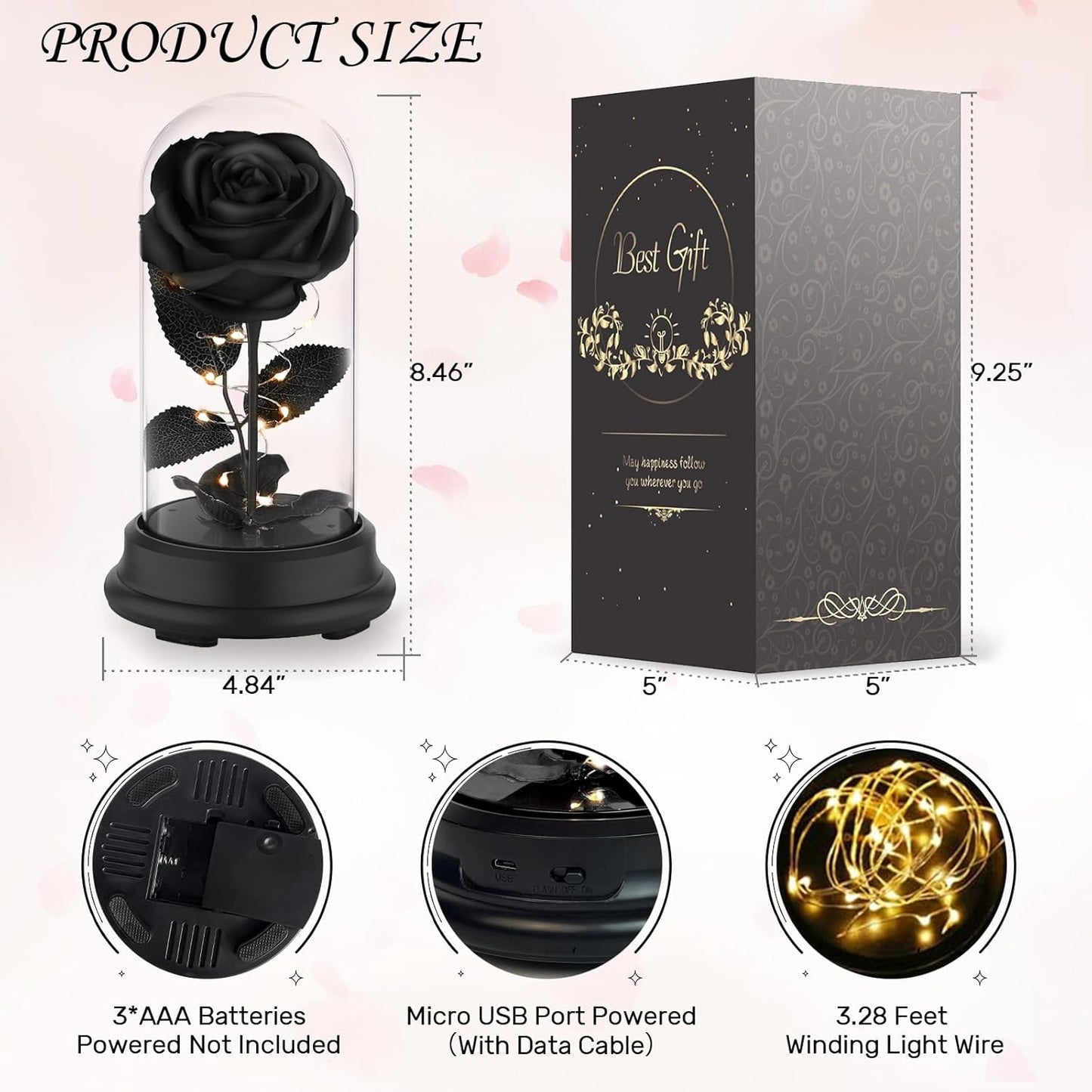 Forever Preserved Real Black Rose Flower Birthday Gifts for Mom Women,Valentines Gifts Black Eternal Flower Gifts for Valentine's Day Mothers Day Christmas Anniversary Birthday (Black)