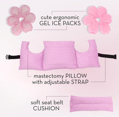 Mastectomy Recovery Supplies Gift Set | Mastectomy Pillow | Ice Packs | Seat Belt Pillow | Must Haves After Breast Cancer Surgery, Reduction or Augmentation