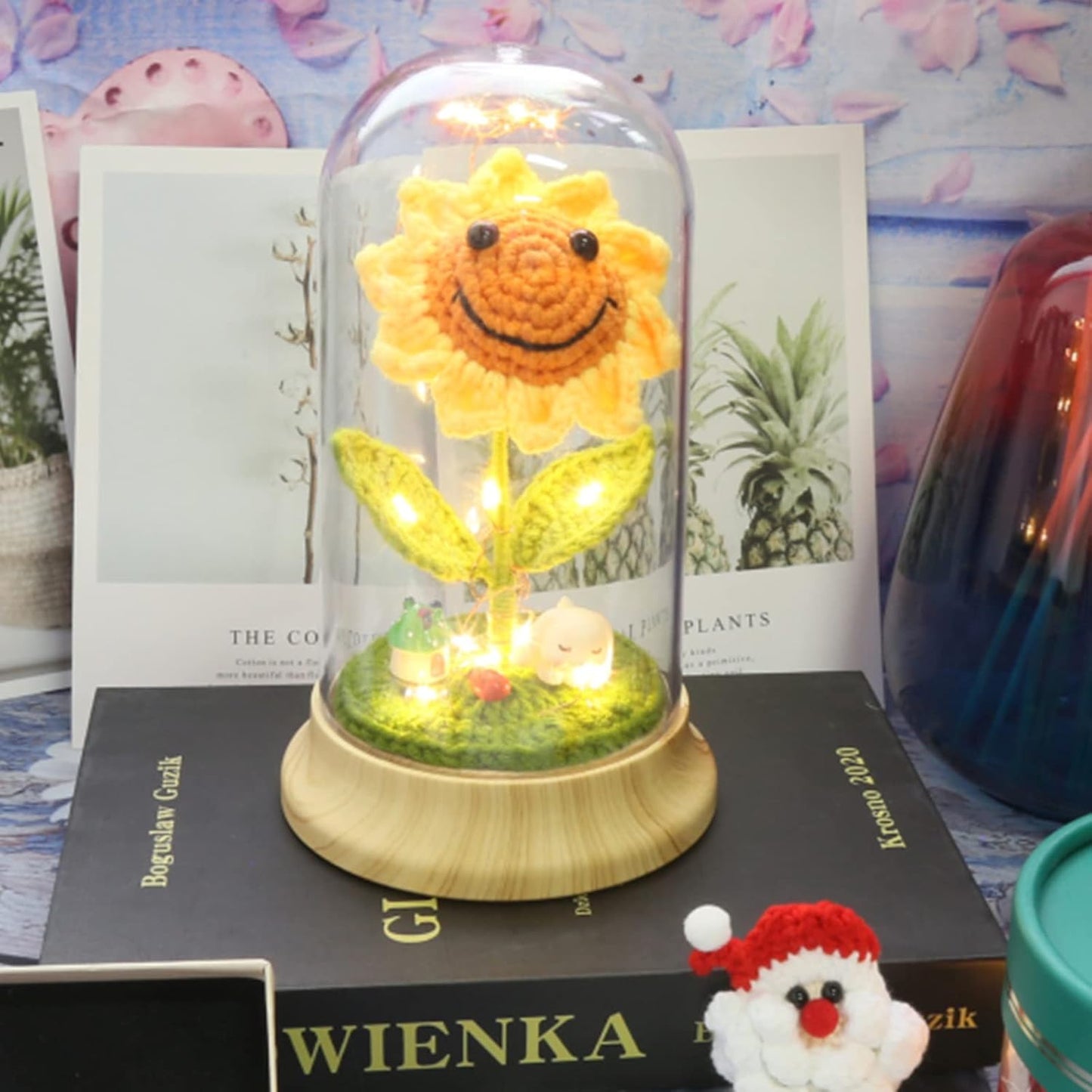 Eternal Sunflower Gifts for Women, Crochet Artificial Sun Flower Decor in Plastic Dome with Led, for Her Mom Mothers Day Birthday Anniversary Christmas Valentine's Day Gifts (Yellow)