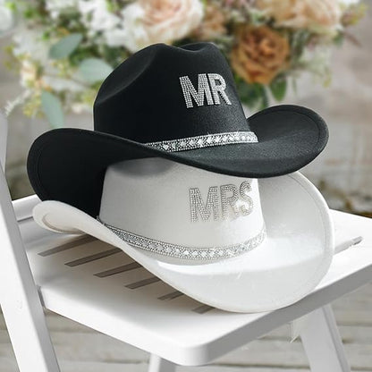 AW BRIDAL 2 Pcs Mr & Mrs Rhinestone Felt Cowboy Hat for Women Men Classic Western Hats Anniversary Engagement Wedding Gifts