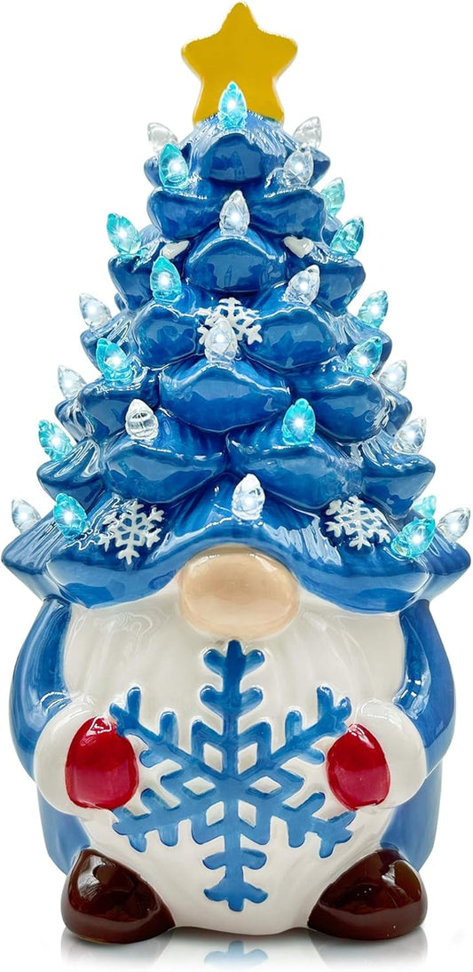 Ceramic Christmas Tree, Christmas Decorations for Indoor Home Table, Blue Gnome Christmas Decorations, Small Christmas Tree with Lights, Ceramic Winter Holidays Decor