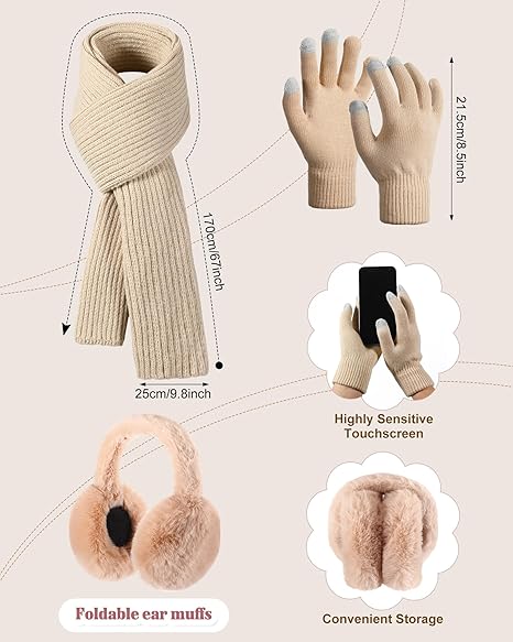 Geyoga 6 Pcs Winter Warm Set for Women Warm Beanies Hats Touchscreen Gloves Long Scarf Ear Muffs Socks Warm Gifts for Women