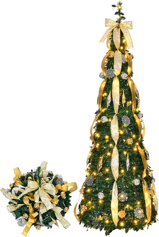 6Ft Fully Decorated Pull-Up Christmas Tree Ornaments, Gold Ribbon, Snow Flower, Easy Assemble Collapsible Xmas Trees Holiday Party Decor