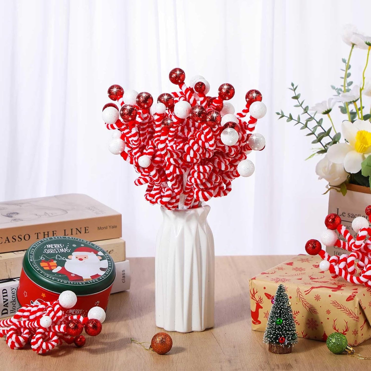 Zeyune 20 Pcs Christmas Glitter Ball Picks Sequins Ball Curly Pick Christmas Glitter Berries Spiral Stem Christmas Tree Ornaments Topper Star Home Office Party Decorations Gifts(Red and White)