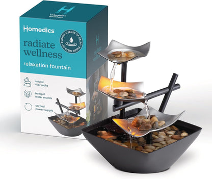 Homedics Tabletop Water Fountain, Home Décor Soothing Sound Machine - Automatic Pump, Deep Basin & Natural River Rocks. Indoor Zen Relaxation for Office, Living Room, or Bedroom, 8.25” Tall