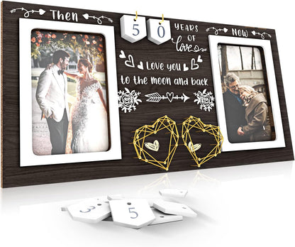 ZCPTZ Then & Now Anniversary Picture Frame - 1-99 Years Anniversary Wedding Gift for Couple, Wood Photo Frame Holds 2 4x6 Inches Photos