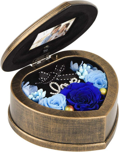 Handmade Preserved Flower 3 Blue Rose in a Mechanical Musical Box with Photo Frame Design, Gifts for Her on Mother's Day Valentine's Day Anniversary Wife Birthday Gifts(Music Blue Rose)