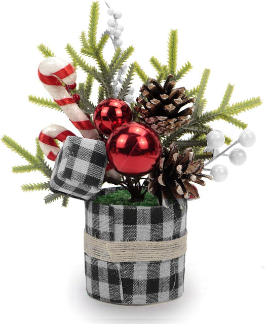 Artificial Small Christmas Tree Tabletop Decorations, Plaid Potted Christmas Tree with Candy Cane Ball Ornaments for Xmas Fireplace Mantel Table Centerpiece Home Office Indoor Decor (White)