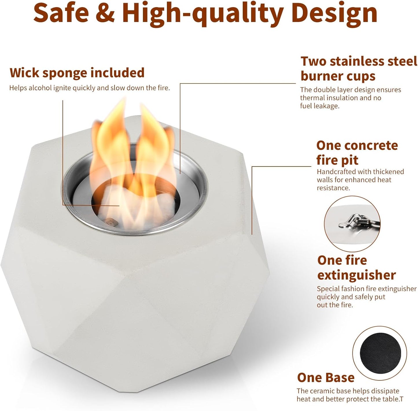 Table Top Fire Pit Bowl - Concrete Tabletop Fireplace Indoor Outdoor Decor Portable Rubbing Alcohol Burner Smores Maker for Patio Balcony with Extinguisher