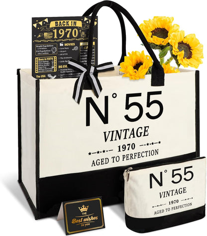 55th Birthday Gifts for Women Canvas Tote Bag Travel Gear,Unique 55 Years Old Gifts for Wife/Mom/Sister/Aunt/Friends/Her, Vintage N°55 Beach Bag & Cosmetic Bag & Back in 1970 Poster