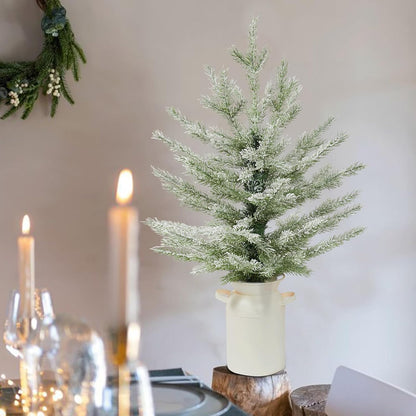 2ft Mini Christmas Tree with Pot, 24" Flocked Artificial Tabletop Christmas Trees for Kitchen Living Room Fireplace Window