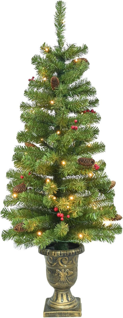 4FT Artificial Potted Christmas Tree with Lights, Pre-lit Mini Christmas Tree with 50 LED Lights, Small Fake Christmas Tree with 140 Branch Tips, Pine Cones&Red Berries, Battery Operated