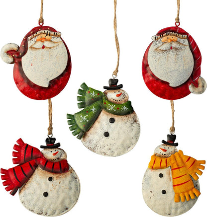 5 Pack Rustic Metal Double-Sided Christmas Tree Ornaments Tin Santa Snowman Decorations Hanging Pendants Ornaments Christmas Hanging Ornament Xmas Holiday Decor