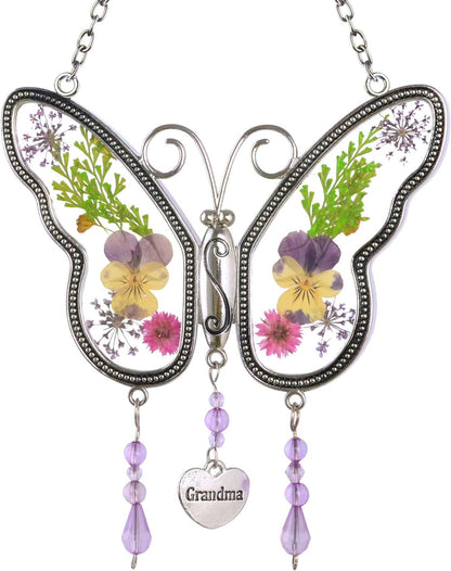 Gifts for Grandma Butterfly Grandma Gifts Real Flowers Wind Chime Butterfly Gifts for Grandma's Birthday Gift Hanging Room Decor Grandma Gifts from Granddaughter Grandson Butterfly Grandma Gift