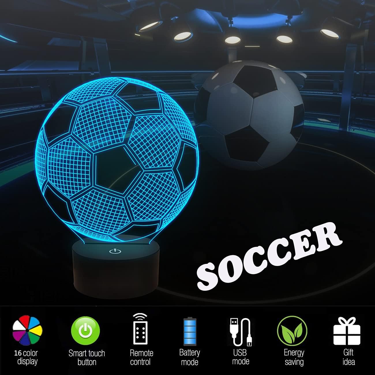 FULLOSUN Kids Night Light Soccer 3D Optical Illusion Lamp with Remote Control 16 Colors Changing Football Birthday Xmas Valentine's Day Gift Idea for Sport Fan Boys Girls