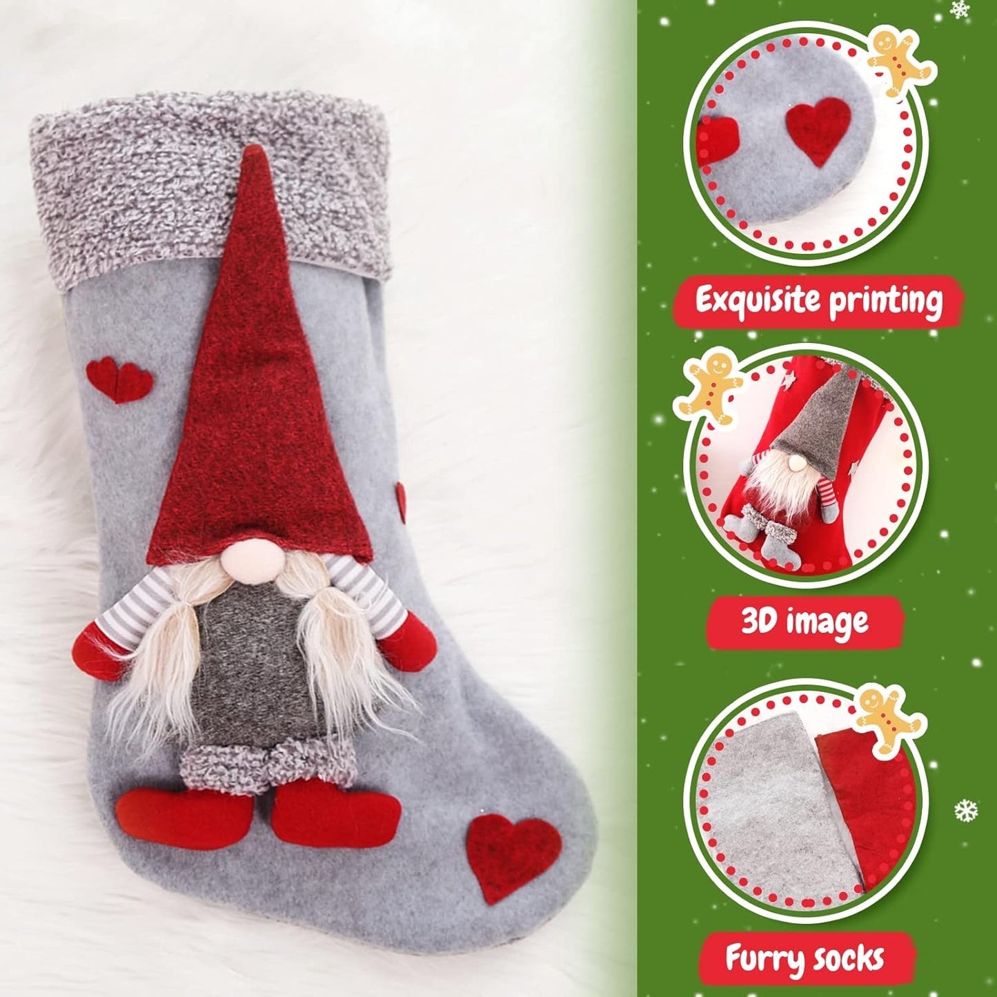 Houwsbaby 2 Pcs Christmas Stockings Set with 3D Mr and Mrs Swedish Gnome Tomte Nisse Couple Holders with Plush Cuff Gift Bags for Kids Holiday Fireplace Hanging Xmas Party Decorations, 19 inches