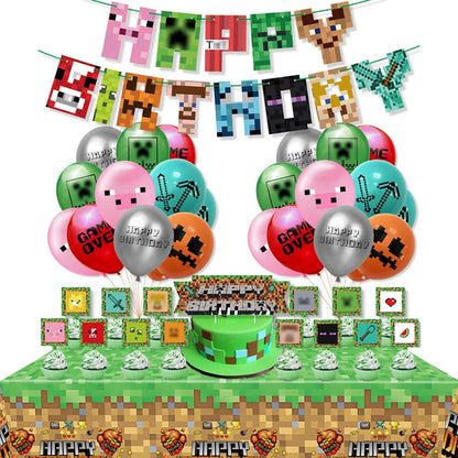 Pixel Birthday Party Decoration, Includes Happy Birthday Banner - Tablecloth - Cake&Cupcake Toppers - 24 Latex Balloons for Kids Theme Birthday Party Decoration Party Supply