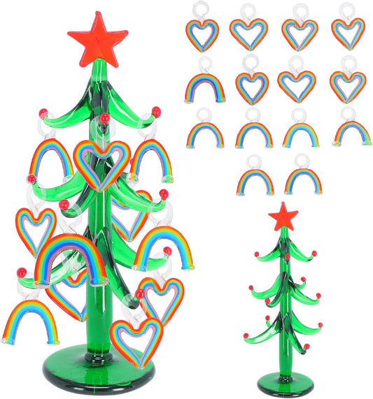 Love is Love 7.75” Handmade Glass Christmas Tree - 14 Miniature Rainbow & Heart Ornaments