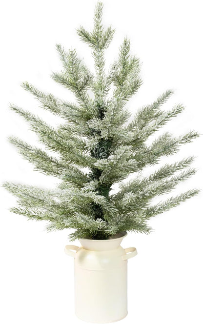 2ft Mini Christmas Tree with Pot, 24" Flocked Artificial Tabletop Christmas Trees for Kitchen Living Room Fireplace Window