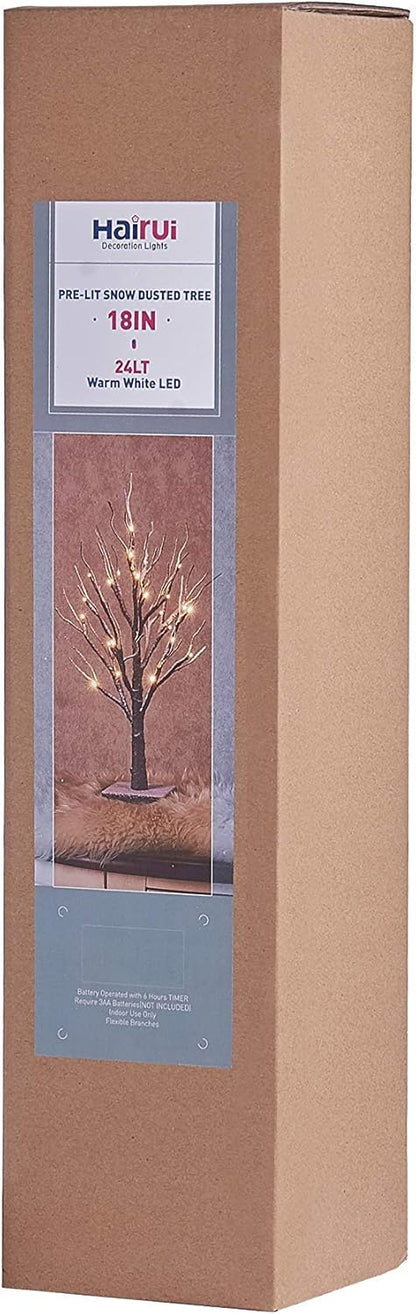 Hairui Lighted Tabletop Artificial Small Tree Snow Dusted 24 LED 18IN Battery Operated with Timer Indoor Use for Halloween Christmas Tree Decoration