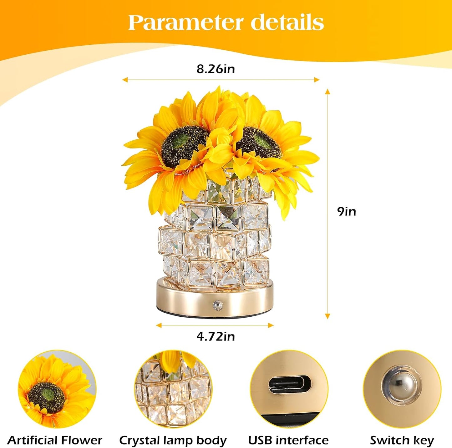 Sunflowers Flower Lamp Touch Lamp,Rechargeable Cordless Table Lamp, 3-Colour Infinitely Dimming Battery Powered Small Night Light,Gift for Mom for Valentine Day,Mothers Day,Xmas,Birthday