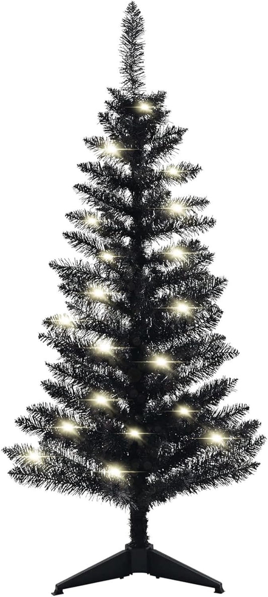 4FT Christmas Tree with Lights Pre-Lit, Halloween Black Christmas Tree, 50 Warm White Lights, Mini Tabletop Christmas Tree for Home, Shops and Holiday Decoration, Black Tinsel