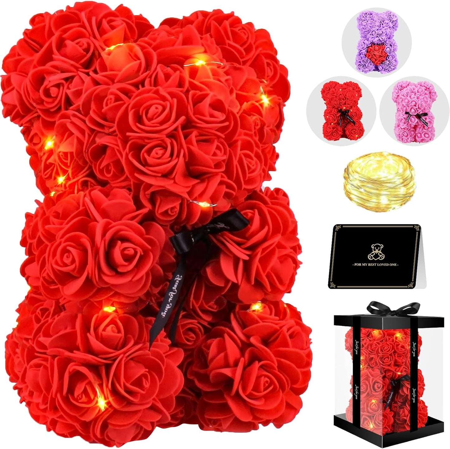 Otlonpe Bear Rose, 9 inch Flower Bear with Led Light, Romantic Christmas Valentines Day Anniversary Birthday Gifts for Women Wife Girlfriend, for Mom Daughter Girls Kids (Red)