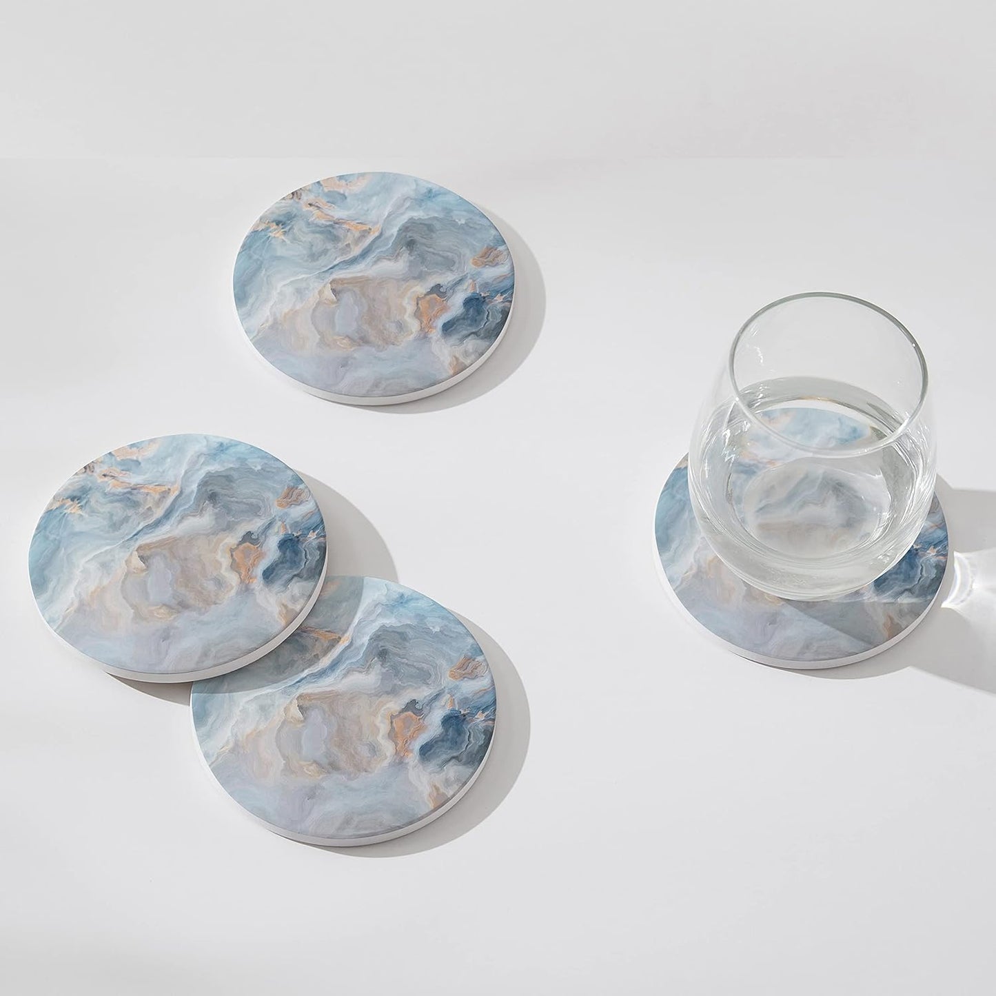 Set of 6 Abstract Blue Marble Coasters with Holder, Absorbent Ceramic Coasters for Drinks, Coasters with Cork Backing for Table Protection, Housewarming Gifts for New Home