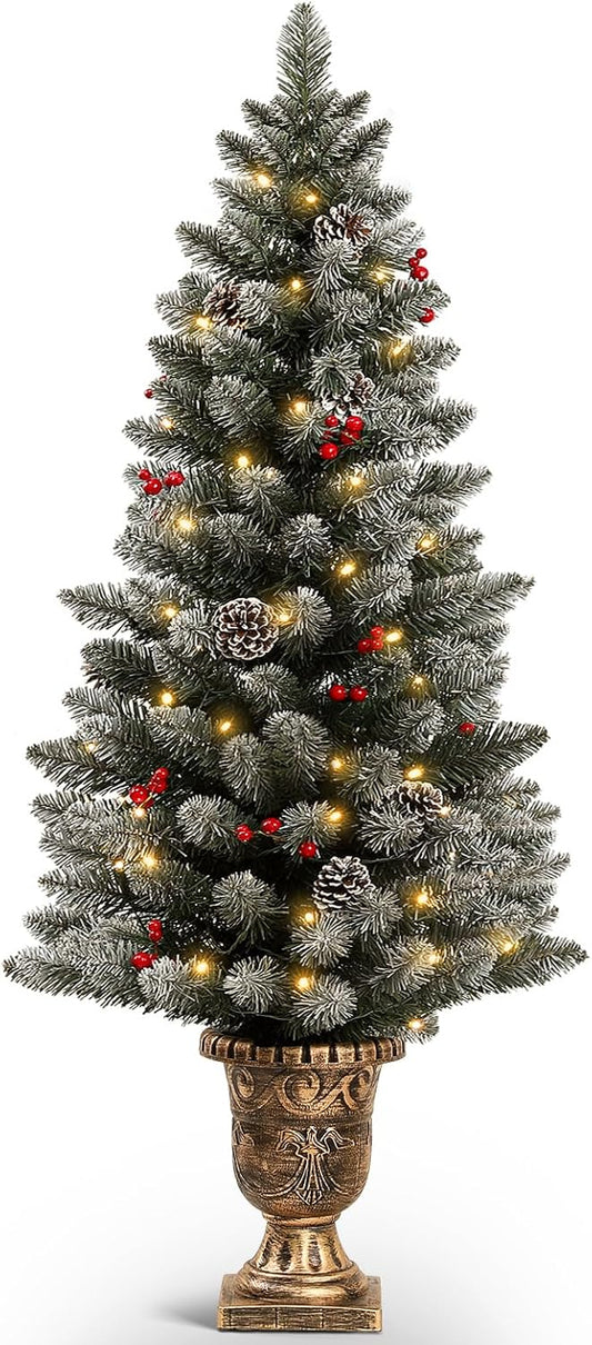 Decoway 4ft Christmas Tree Pre-Lit Artificial Mini Christmas Tree with Gold Pot Base, Flocked Snow 70 Warm White Led Lights Pine Cones Red Berries, for Entrances, Home Decorations Holiday Decor