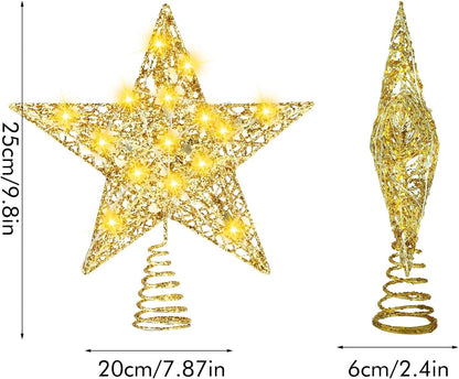 Christmas Tree Topper, 9.8 In Sparkling Star Tree Topper with 20 LED Warm Lights for Indoor Office Xmas New Year Holiday Tree Decoration(Gold)