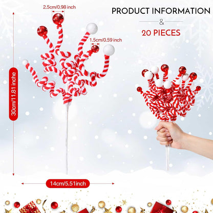 Zeyune 20 Pcs Christmas Glitter Ball Picks Sequins Ball Curly Pick Christmas Glitter Berries Spiral Stem Christmas Tree Ornaments Topper Star Home Office Party Decorations Gifts(Red and White)