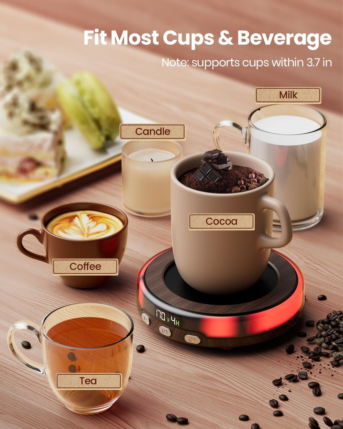 Gaiatop Mug Warmer, 30W Coffee Mug Warmer with Colorful LED Atmosphere Lights, 3 Temp Settings Coffer Warmer for Desk, 2-9Hrs Timer, Candle Warmer Beverage Heating Plate for Coffer, Tea, Milk-Wood