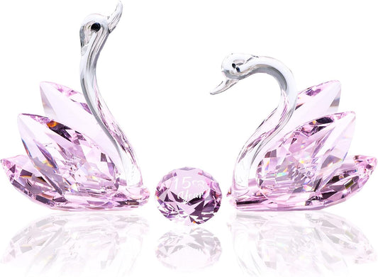 YWHL 15th Anniversary Crystal Swan Gifts for Couple, 15 Year Wedding Anniversary for Her Him, Swan Figurine with Pink Diamond, Valentines Day Present Romantic Birthday Gift for Wife Husband (Pink)