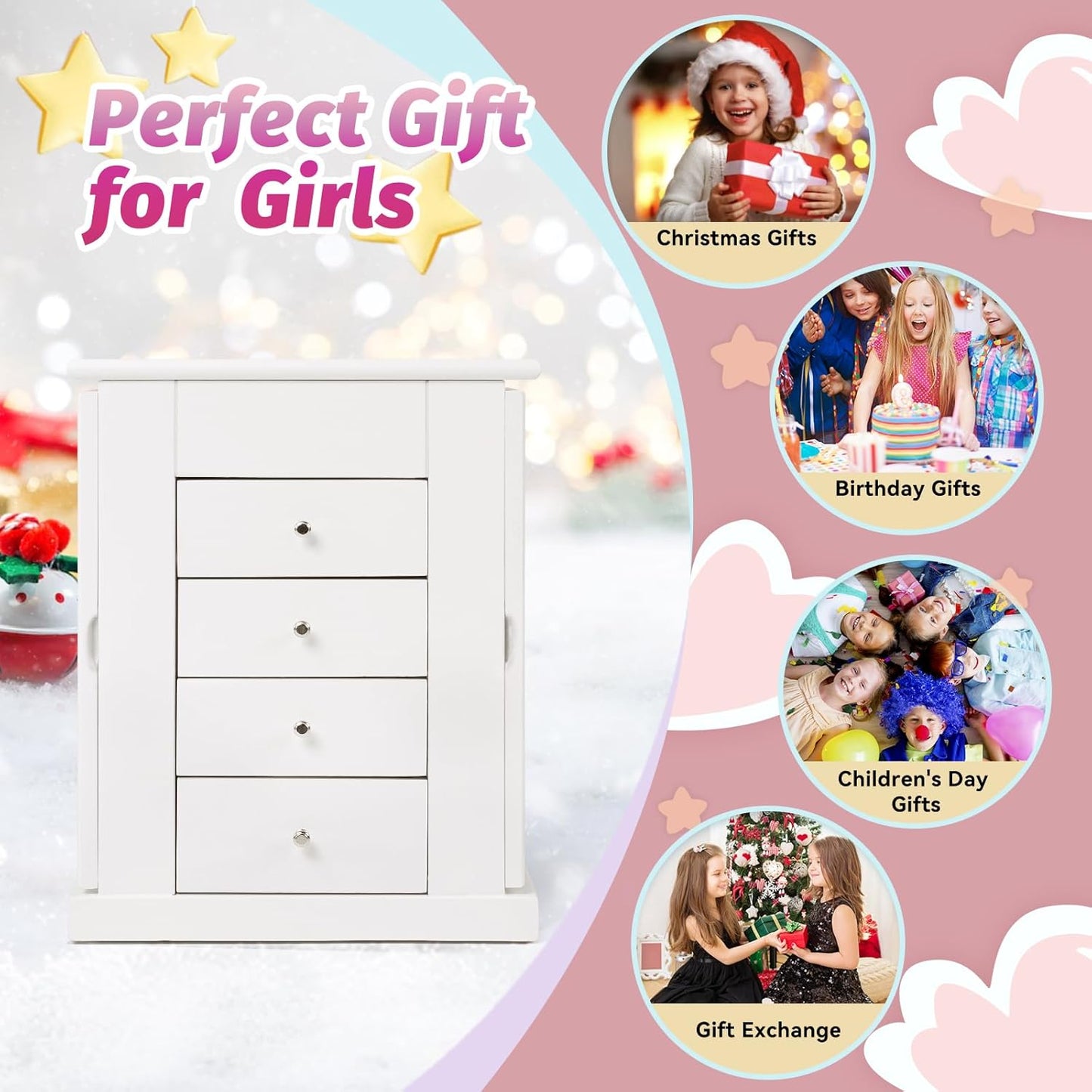 Emfogo Jewelry Box for Girls, Musical Jewelry Box with Spinning Dancer Gifts for Little Girls Christmas New Year Birthday Children's Day, 5 Layer Large Wooden Kids Music Jewelry Organizer Box(White)