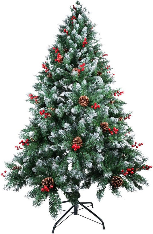 AGM Christmas Tree 6ft Artificial Pine Tree with Foldable Metal Stand, Pine Cone and Red Fruit, 6 Feet Tall Flocked Snow Trees for Holiday Christmas Decoration