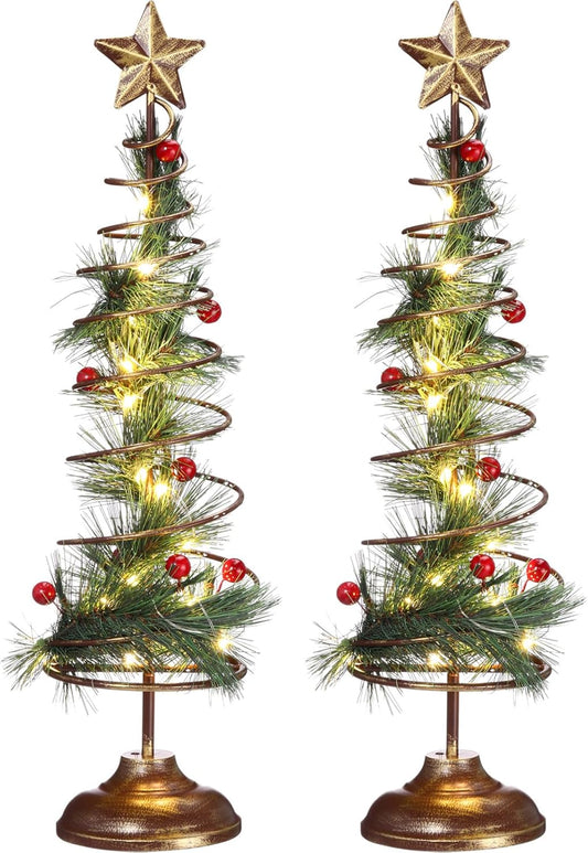 Set of 2 Lighted Christmas Tree Table Decoration with Golden Star Spiral Battery Operated Tabletop Prelit Mini Xmas Tree with LED Light up Desk Ornament for Home Mantel Room (Natural Style)