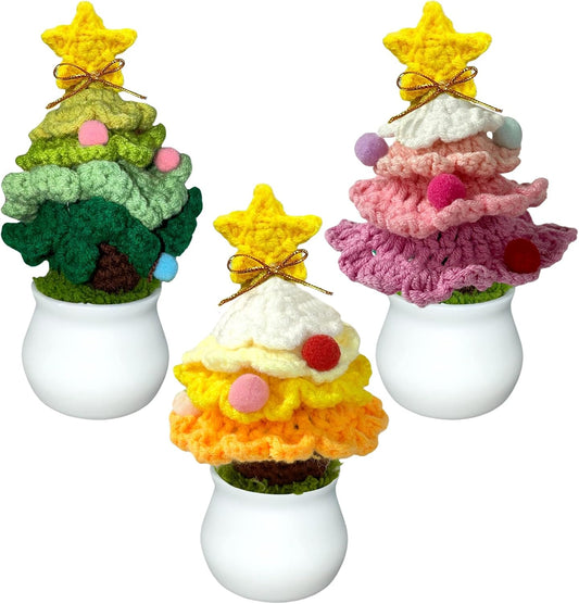 3 Pcs Mini Crochet Christmas Tree Potted Plant, Handmade Christmas Pine Trees Knitted Decoration Small Xmas Ornaments 3 Colors Winter Holiday Trees for Classroom Home Office Decor