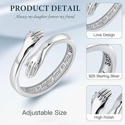 LOVECOM S925 Sterling Silver Hug Rings for Women Adjustable Hugging Hands Open Ring for Men Promise Rings Jewelry Birthday Mothers Day Gifts for Dad Mom Wife Daughters Grandma Best Friend