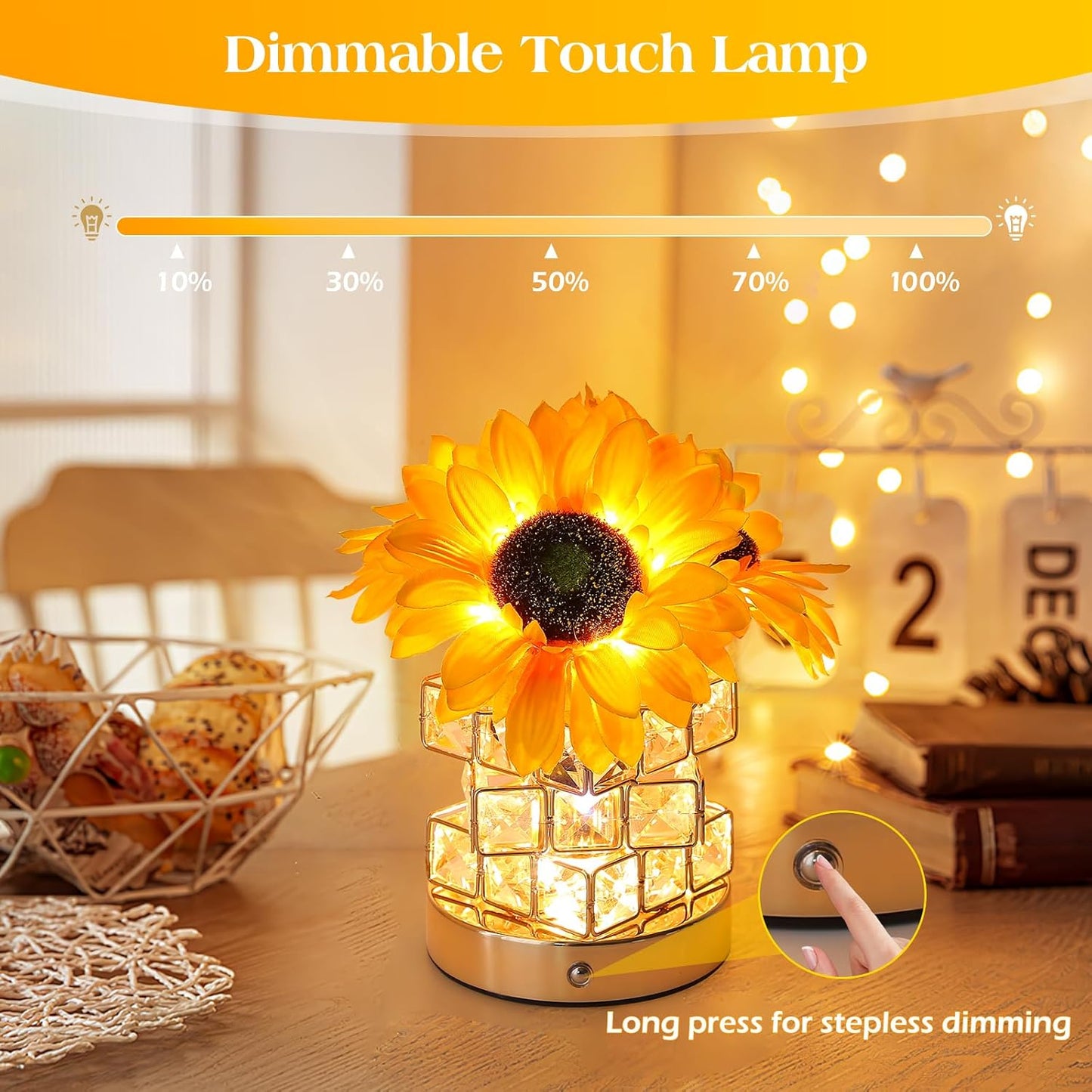 Sunflowers Flower Lamp Touch Lamp,Rechargeable Cordless Table Lamp, 3-Colour Infinitely Dimming Battery Powered Small Night Light,Gift for Mom for Valentine Day,Mothers Day,Xmas,Birthday