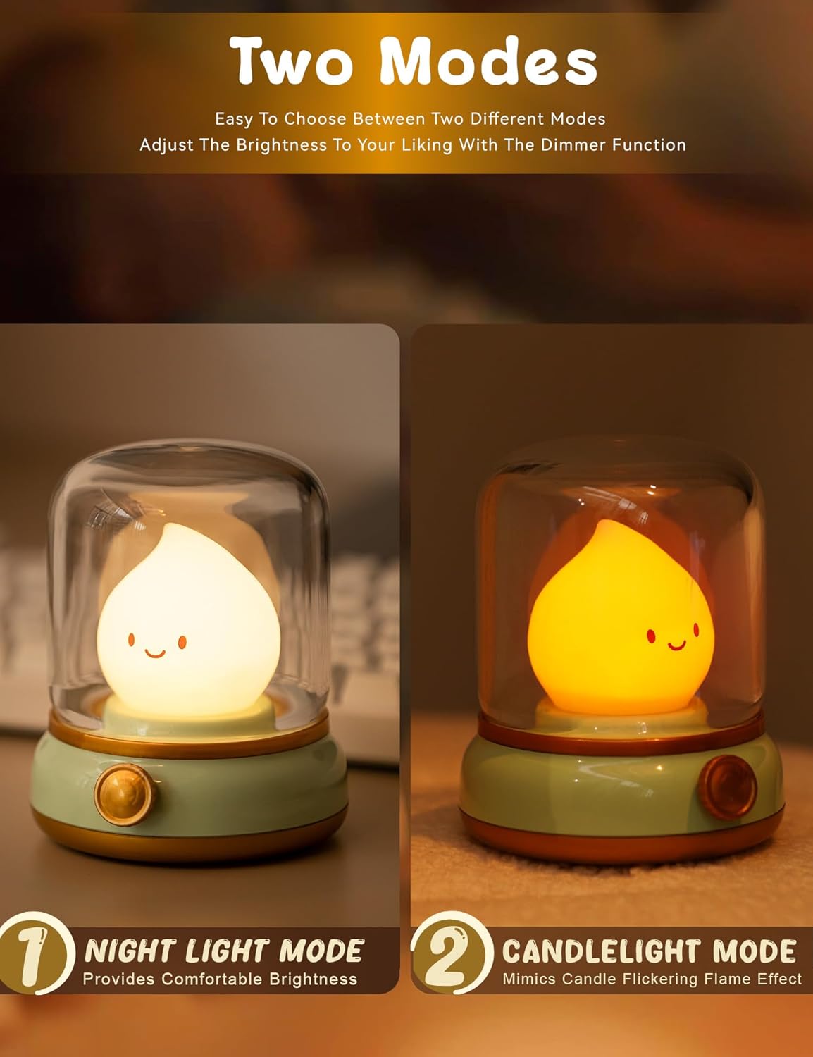 Cute Chibi Flame Lamp,Cozy Lights Mimics Flickering Flame Effect Amber Light,2 Modes Rechargeable Dimming Great ambience Light for Camping, Curing, Decoration,Smoko Light