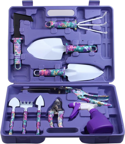 Garden Tools Set, JUMPHIGH 10 Pieces Gardening Tools with Purple Floral Print, Ergonomic Handle Trowel Rake Weeder Pruner Shears Sprayer, Garden Hand Tools with Carrying Case Gardening Gifts for Women