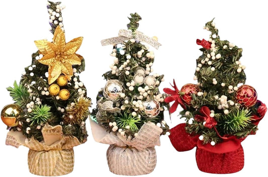 3Pieces Mini Christmas Tree 3 Color 7.87 Inch Self-Standing Tabletop Christmas Tree with Ornaments Decorative PVC Christmas Tree for Home, Office, Mantel, Mall