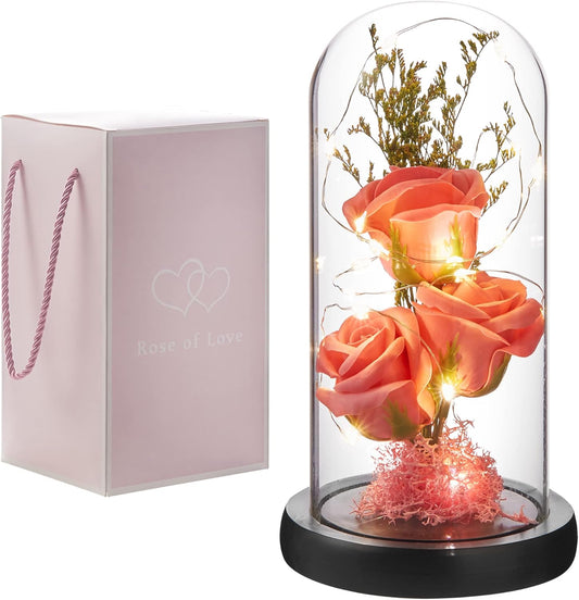 Preserved Flower Gift, Light Up Rose in Glass Dome, Eternal Forever Rose Flower Gifts for Her, Grandma, Mother’s Day, Valentine’s Day, Anniversary, Birthday, Christmas Decorations, Rose Pink