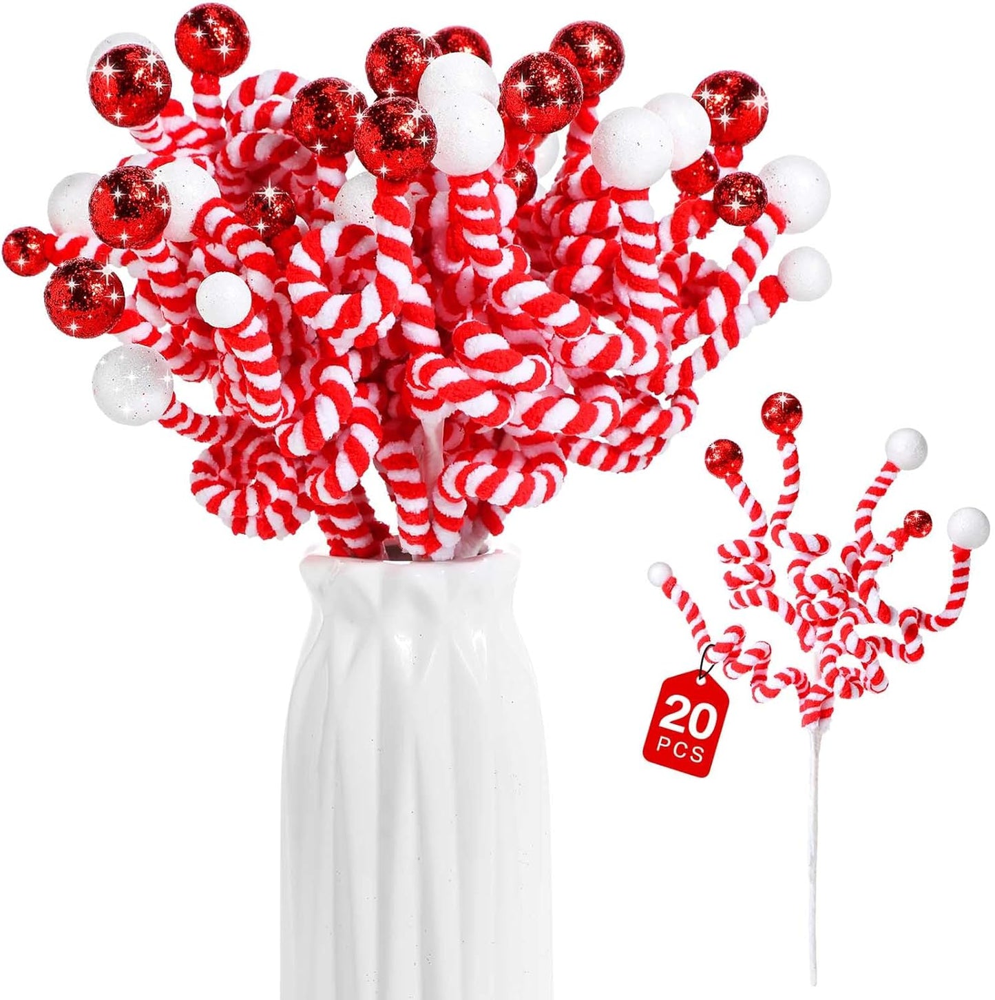 Zeyune 20 Pcs Christmas Glitter Ball Picks Sequins Ball Curly Pick Christmas Glitter Berries Spiral Stem Christmas Tree Ornaments Topper Star Home Office Party Decorations Gifts(Red and White)