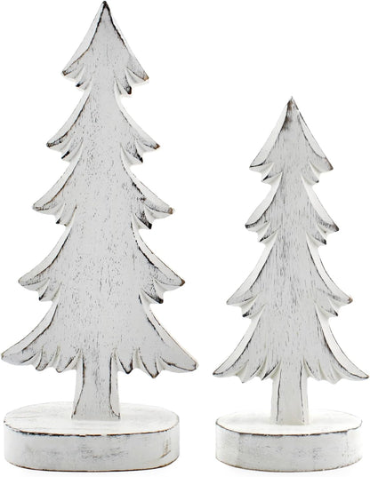 AuldHome Design Wooden Christmas Trees (Set of 2, Distressed White); Tabletop Handmade Mango Wood Trees w/Rectangular Base for Holiday Home Decor