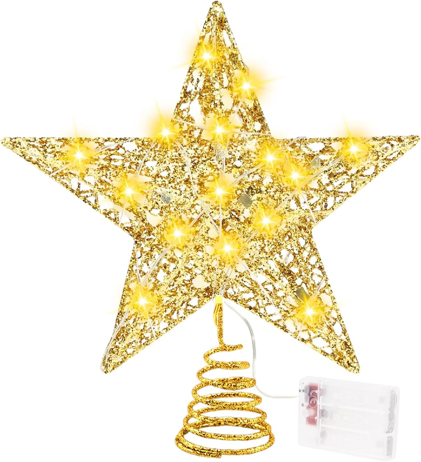 Christmas Tree Topper, 9.8 In Sparkling Star Tree Topper with 20 LED Warm Lights for Indoor Office Xmas New Year Holiday Tree Decoration(Gold)