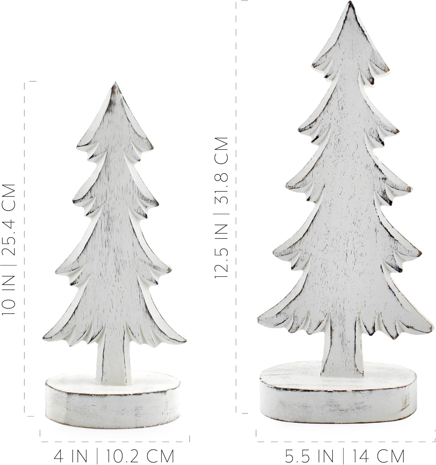 AuldHome Design Wooden Christmas Trees (Set of 2, Distressed White); Tabletop Handmade Mango Wood Trees w/Rectangular Base for Holiday Home Decor