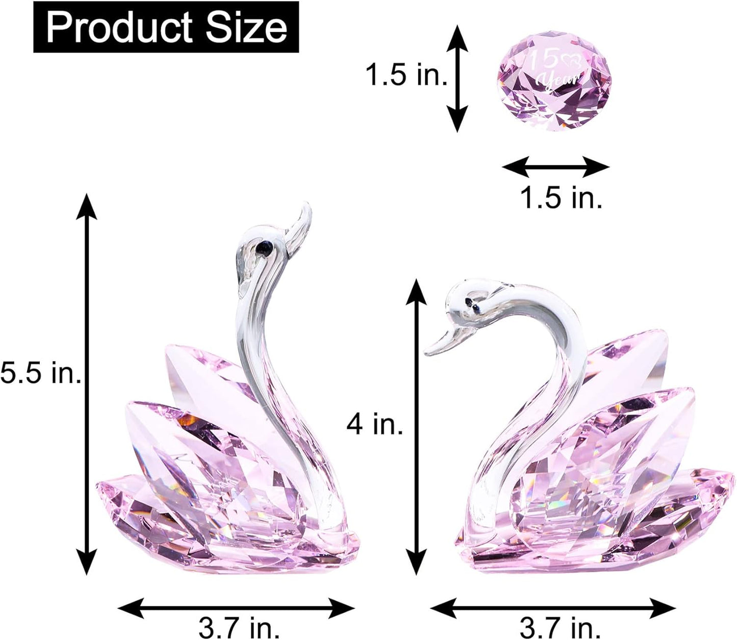 YWHL 15th Anniversary Crystal Swan Gifts for Couple, 15 Year Wedding Anniversary for Her Him, Swan Figurine with Pink Diamond, Valentines Day Present Romantic Birthday Gift for Wife Husband (Pink)