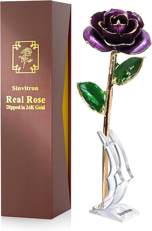 Sinvitron Gold Dipped Rose 24K Real Rose, Long Stem Gold Plated Rose with Stand, Valentines Day Gifts for Her,Gifts for Mom,24K Golden Rose for Anniversary and Mothers Day, Birthday (Purple)